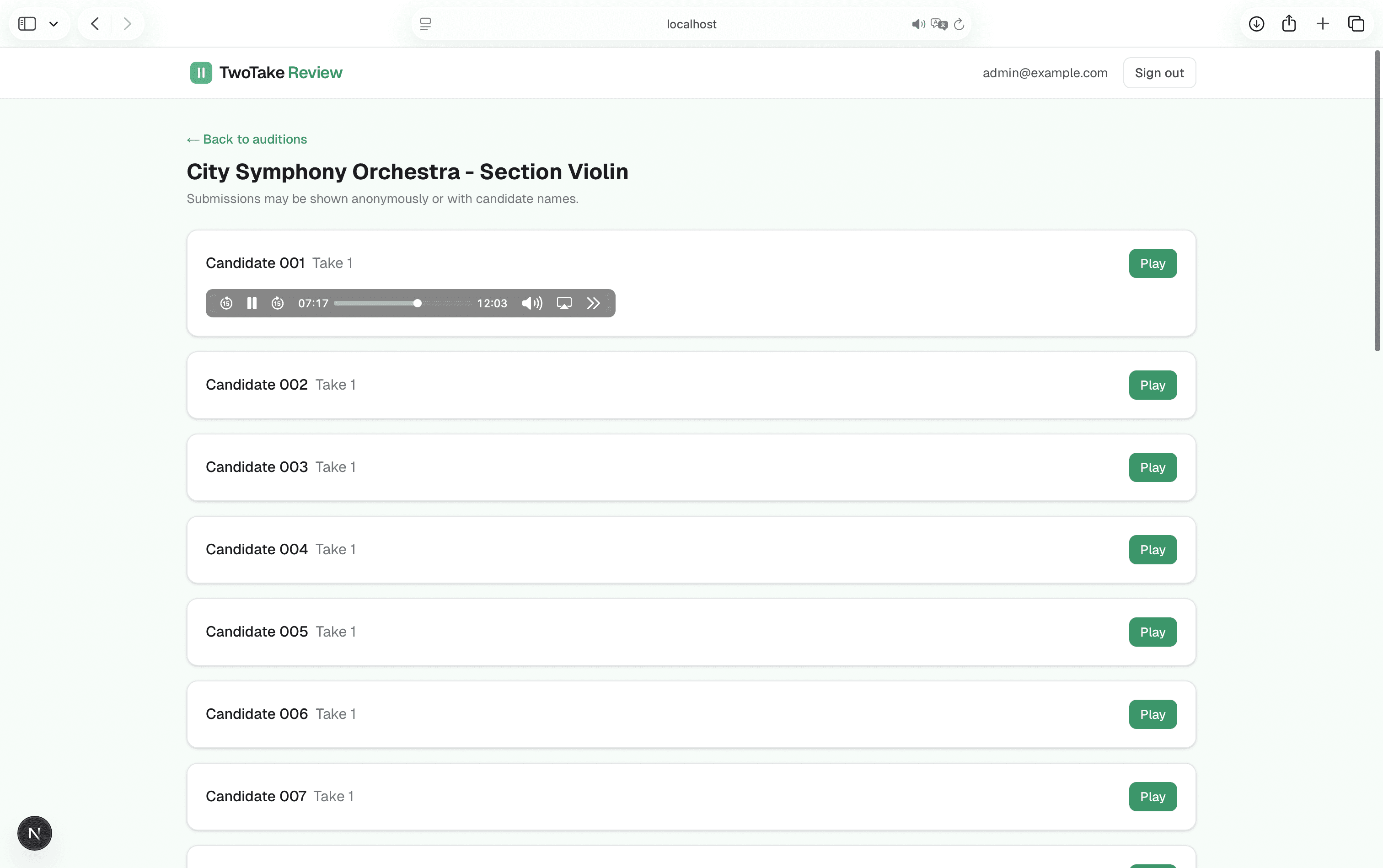 Blinded review: anonymous candidate labels in the reviewer interface